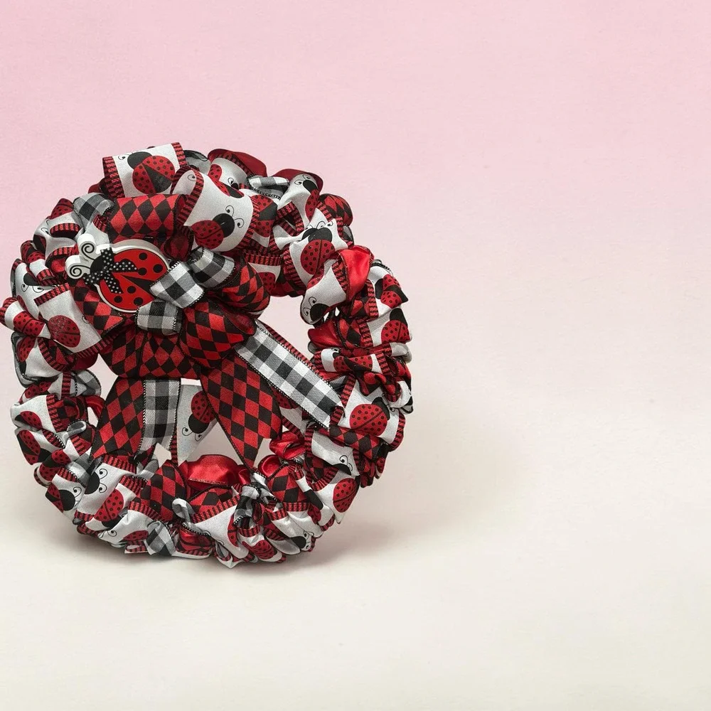 Handmade Ribbon Ladybug Wreath: Vibrant Red Black Decor